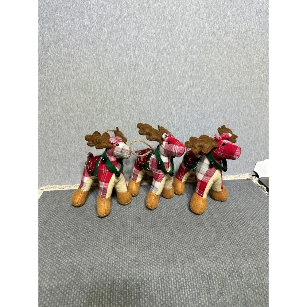 Plaid Plush Reindeer Christmas Ornaments Holiday Festive Farmhouse Rustic Decor